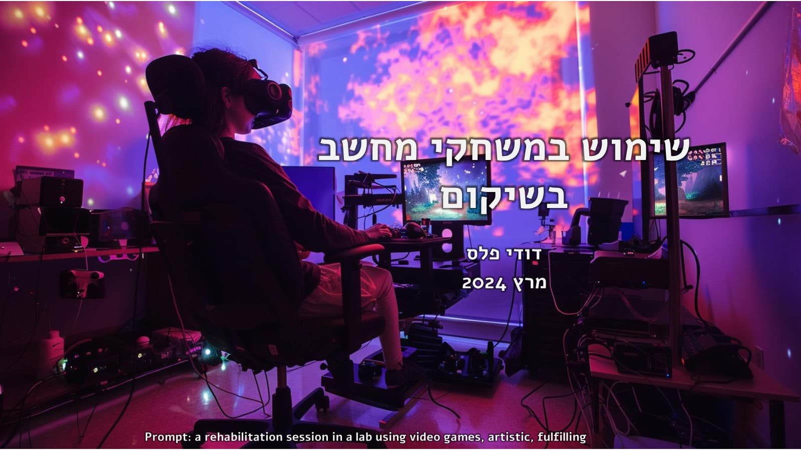 שקופית הפתיחה של המצגת, מטופלת עם משקפי מציאות מדומה במעבדת שיקום מוארת בסגול